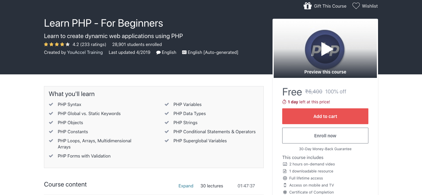 Free PHP Course with Certificate
